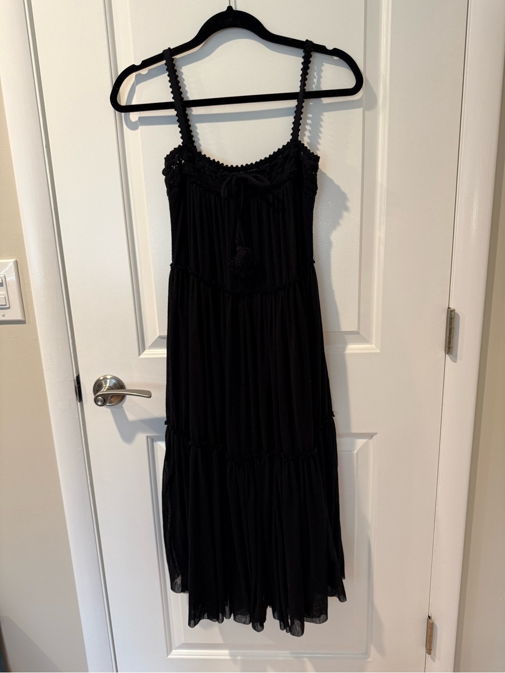 Robin Piccone Black Tiered Maxi Dress with Crochet detail Spaghetti Straps
